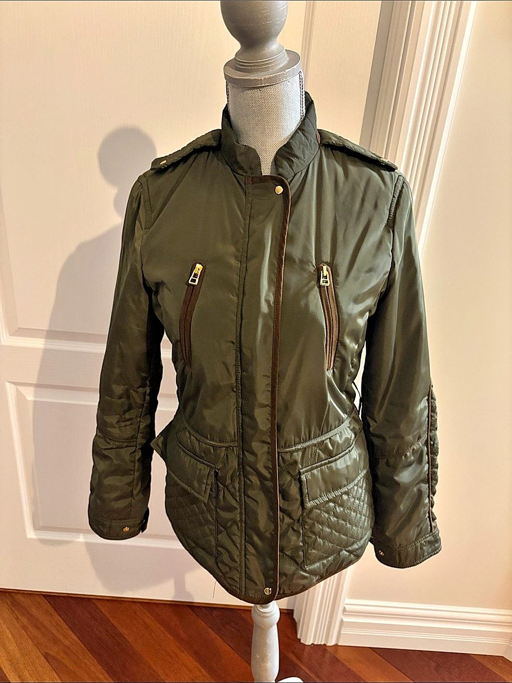 Zara Olive Green Quilted Utility Safari Jacket M - Gold Hardware Trim